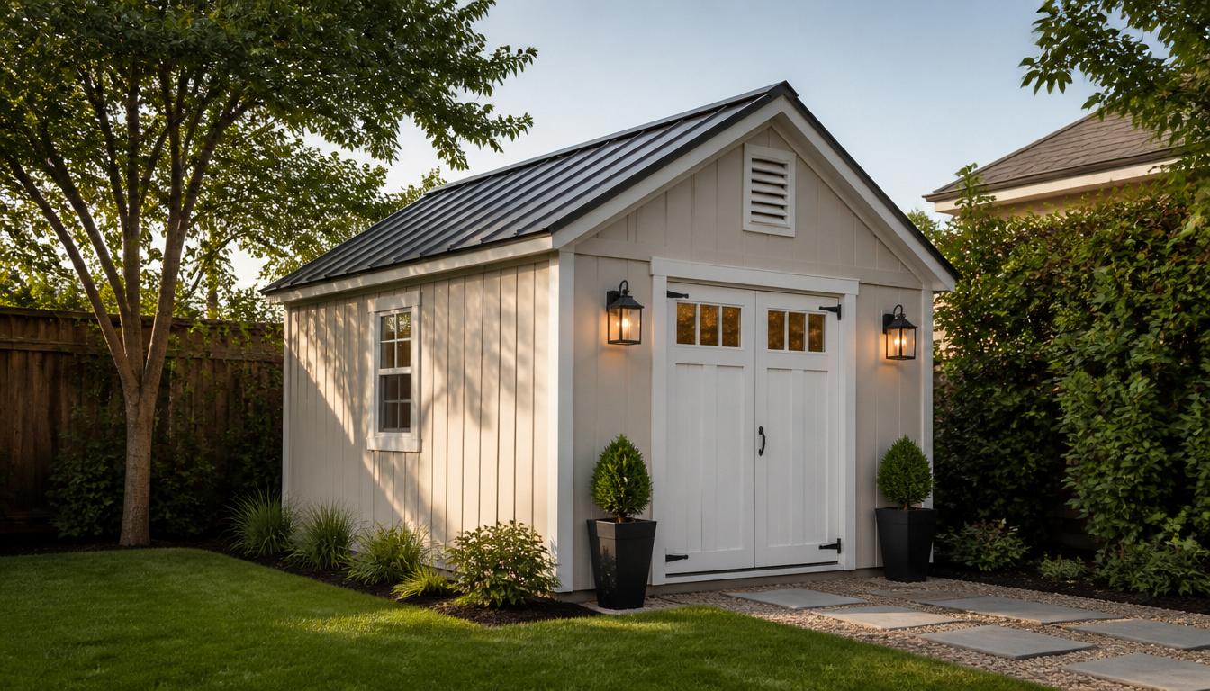 Modern garden shed built from BuildNest plans in a tidy backyard