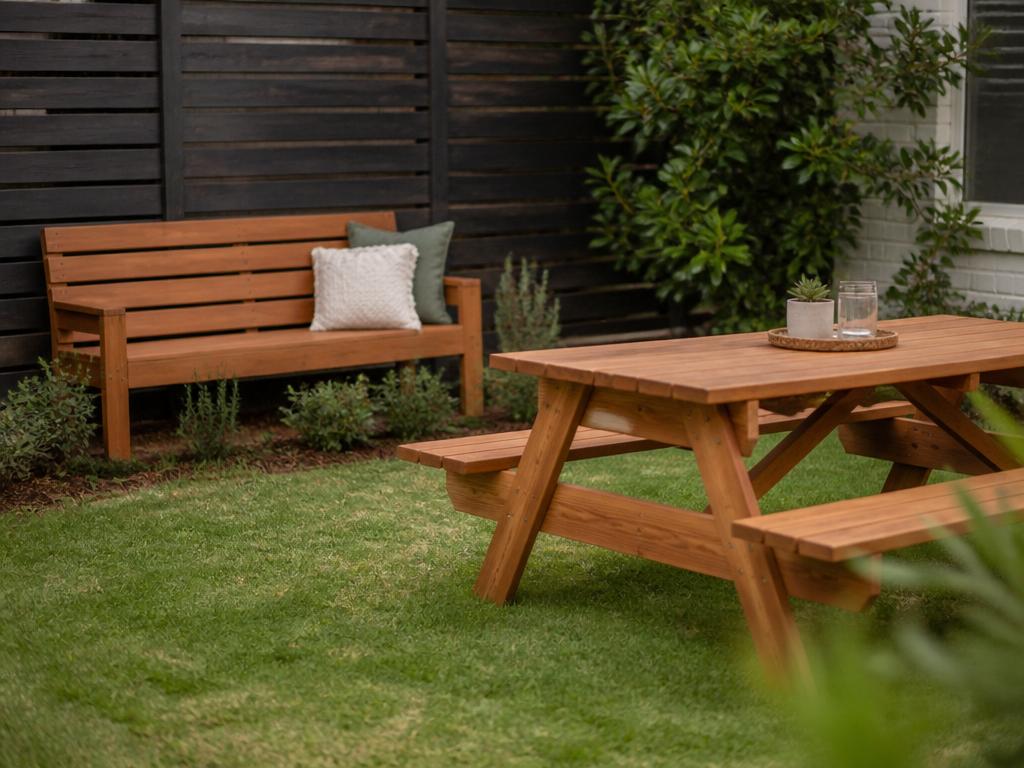 Cedar garden bench and picnic table